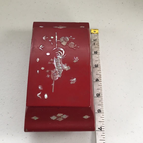 Vintage Oriental Red Lacquer Jewelry Box with Abalone Inlay with Rooster Design - Picture 13 of 14
